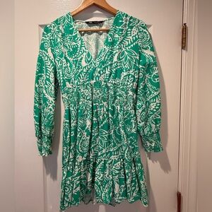 Zara Green & White V-Neck Smocked-Waist Long Sleeve Dress